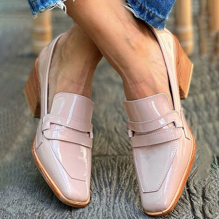 Shiny loafers with a wide heel